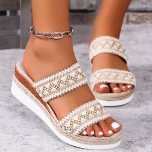 Boho Woven Wavy Strap Wedges - Summer Linen Sandals